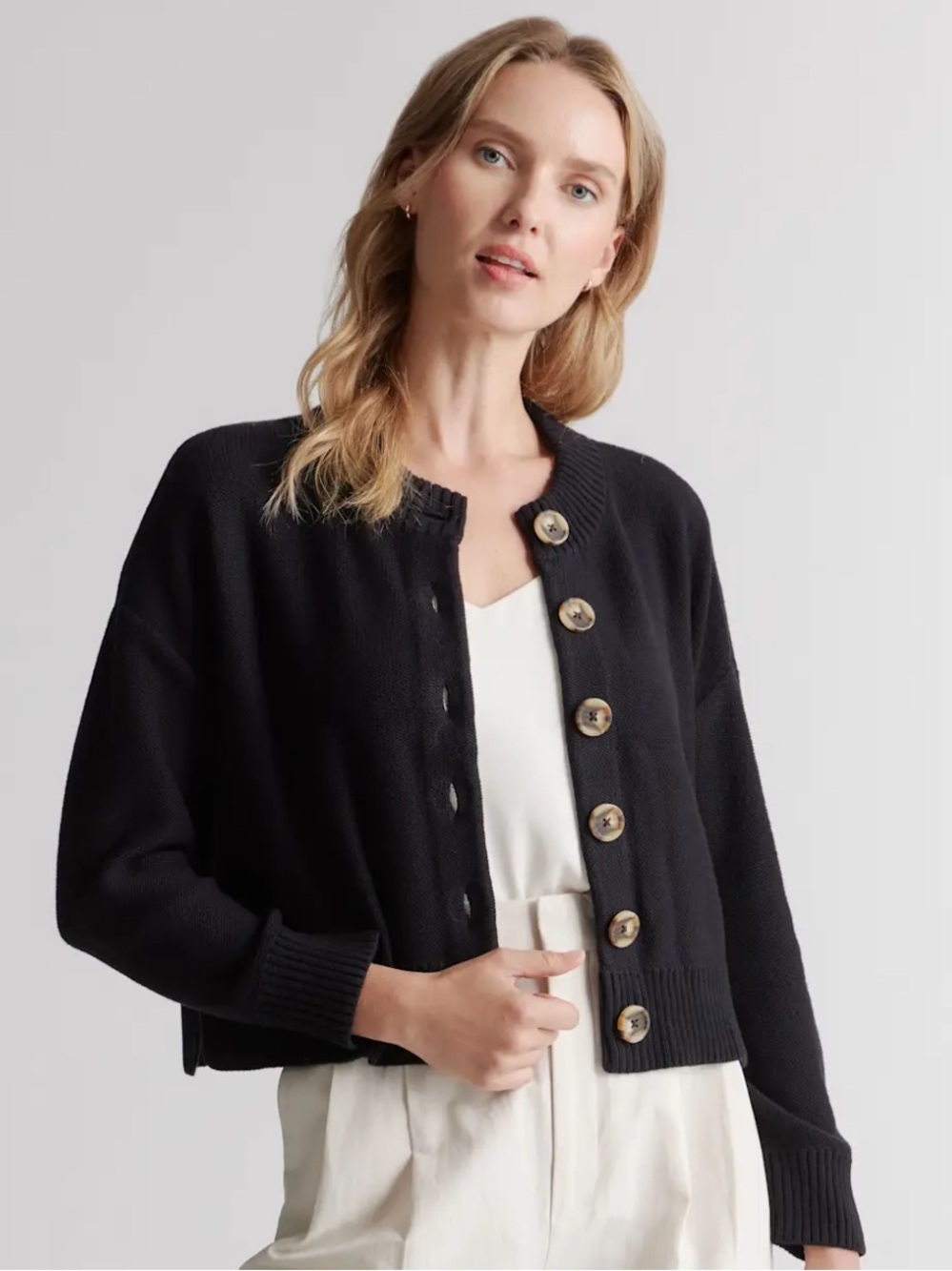 Quince Black Button-Front Cropped Women's Cardigan